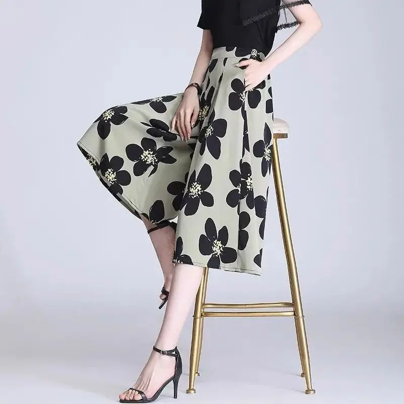 Summer New Fashion Simple Elegant High Waist Chiffon Wide Leg Pants Women Print Pockets Loose Casual Straight Thin Floral Skirts