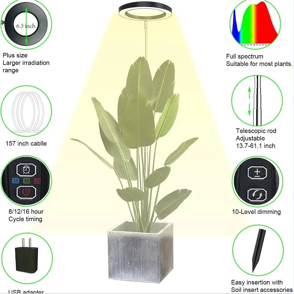 Indoor LED Plant Grow Light, Full Spectrum Plant with 4 /8 /12 H Timer, 10 Dimmable Levels, 3Modes, Height Adjustable 154.9 CM