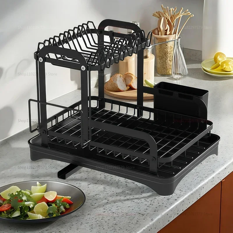 2 Tier Dish Bowl Drainer Storage Rack Kitchen Dish Drying Rack with Drain Basket Countertop Dinnerware Organizer Drainboard