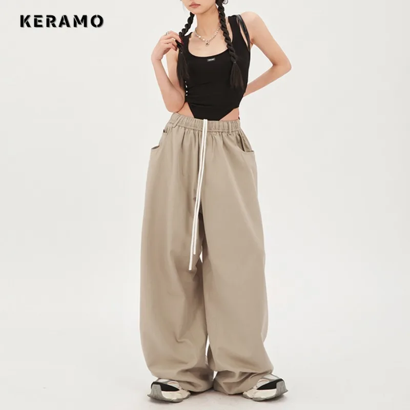 

Women's Y2K Wide Leg Elastic Waist Drawstring Baggy Cargo Pants Vintage Street Mopping Sweatpant Casual Trashy Punk Trousers