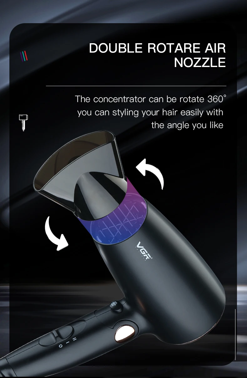 Description Picture 5 of itemVGR Powerful Motor DC Mini Low Noise Professional Fast Dry Electric Travel Hair Blow Dryer with Foldable Handle
