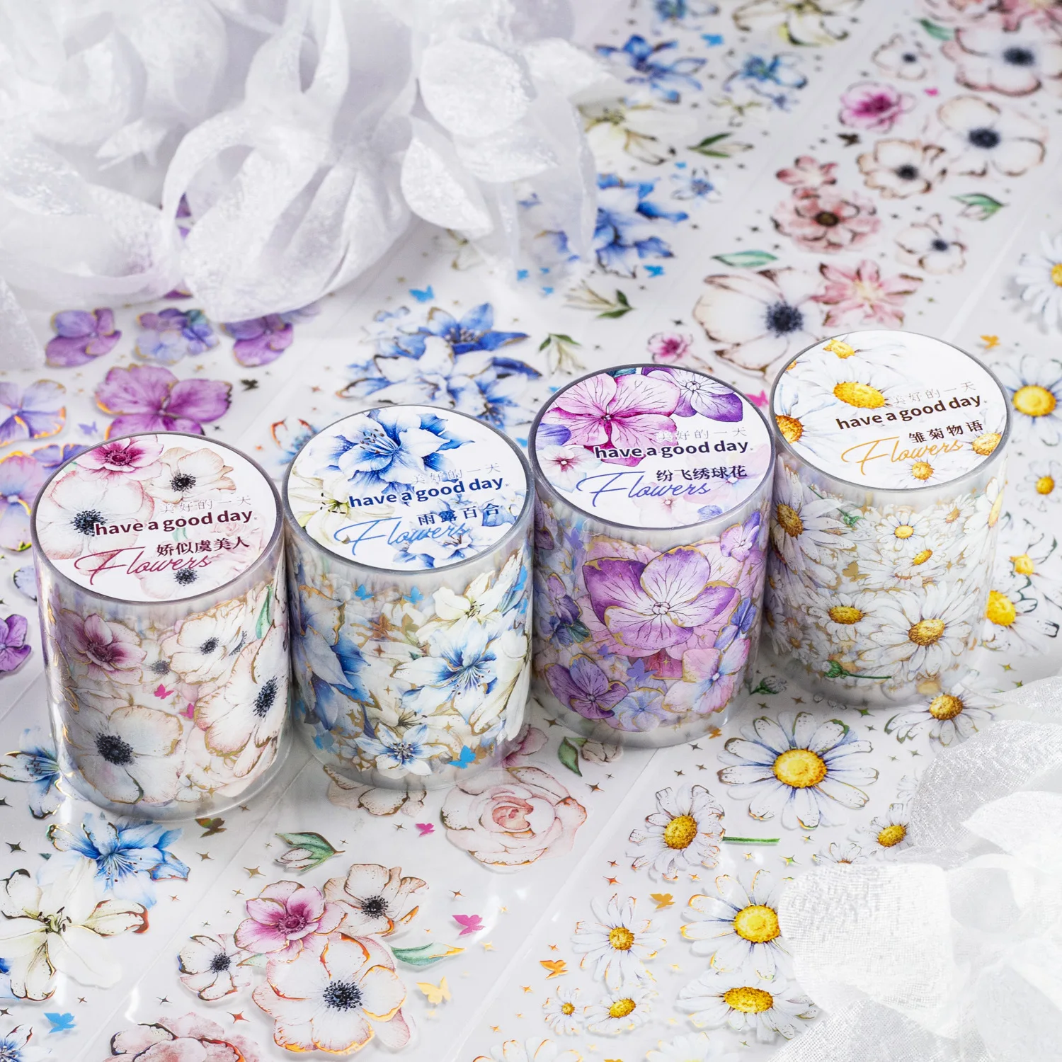 

50mm*2M Bronzing laser Flowers PET tape Sticker Decorative collage Hand Account Scrapbooking Junk Journal Supplies