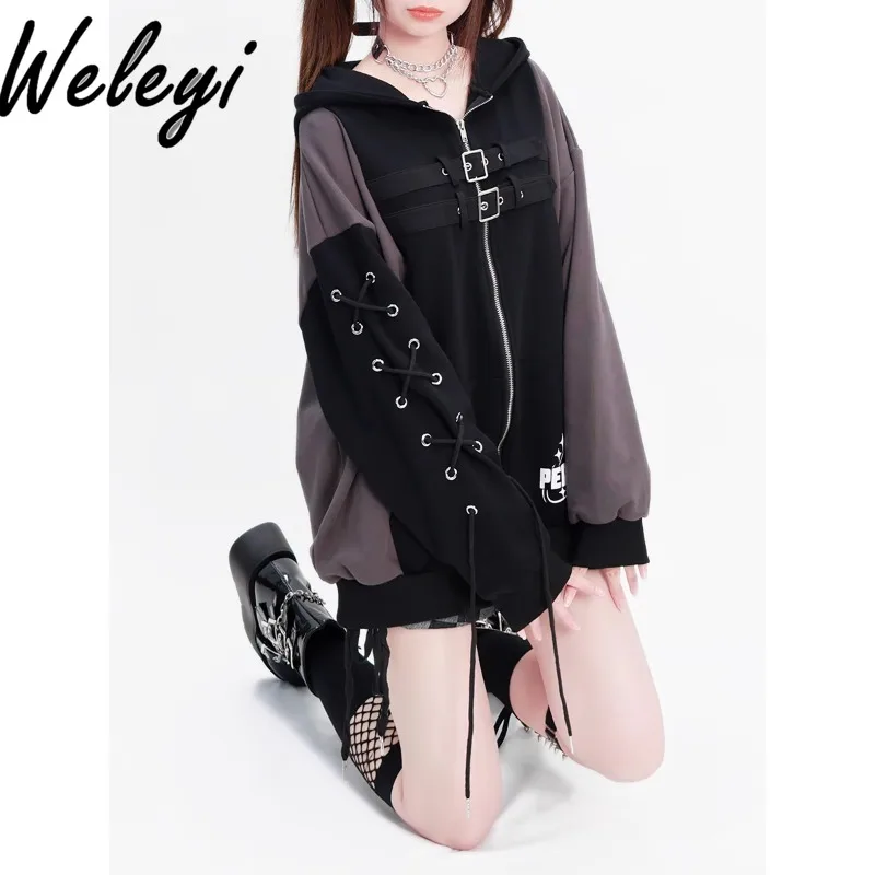 

New Clothes for Women Hooded Hoodies 2024 Autumn and Winter Cute Asian Culture College Style Loose Zip Rope Splicing Hoodie Coat