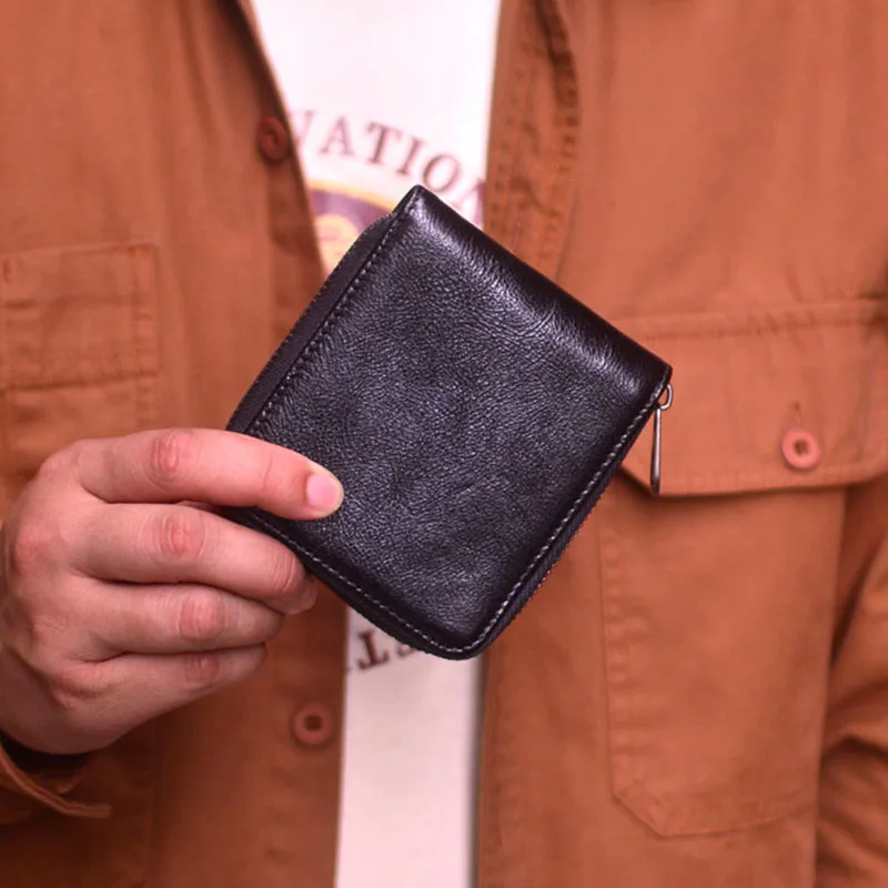 

AETOO Casual top layer cowhide leather men's leather wallet zipper small square bag multi-slot leather coin purse retro commuter