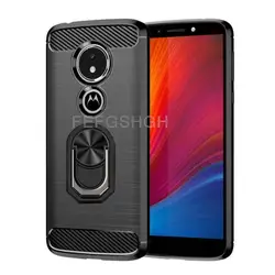 Enhanced Brushed Carbon Fiber Soft Silicone Case with Magnetic Ring Stand for Moto E5 Play (Black With C Black)