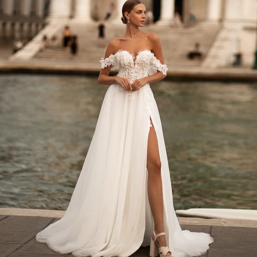 

Женское свадебное платье с открытыми плечами, белое кружевное платье невесты с аппликацией и цветами, лето 2024