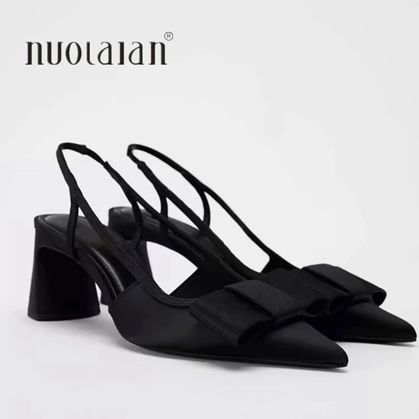 Black Pointed Toe High Heel Women Fashion Bow Elegant Party Dress Shoes Shallow Designer Square Heels Slingback Sandals Female