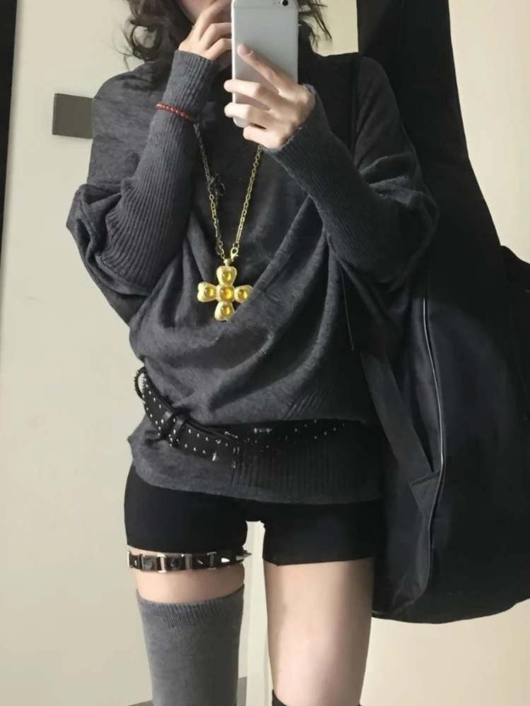 2000s Korean Fashion Slim Batwing Sleeve Autumn Sweaters Y2k Pure Color Subculture Casual Long Sleeve Pullovers Sweaters Chic