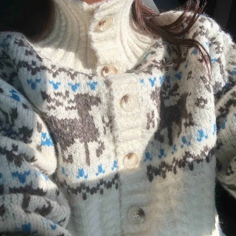 

Christmas Elk Sweater Cardigan Knitted Jacquard Stand Collar Long Sleeve Vest Vintage Style Casual Loose Women's Short Coat