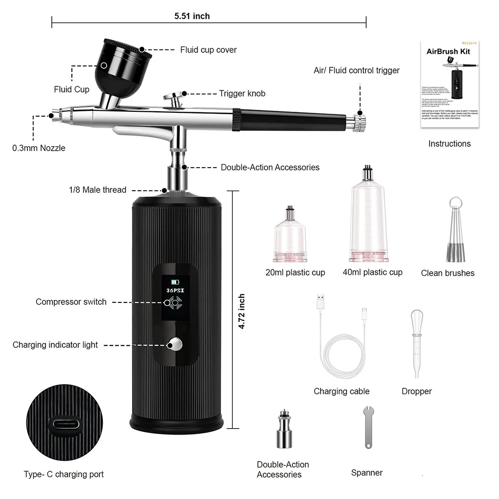 Portable Airbrush Kit with Compressor Handheld Cordless Air Brush Pen  Dual-Action 3-level Adjustable Pressure Built-in Battery for Painting Model  Coloring Nail Art Makeup Cake Decorating 