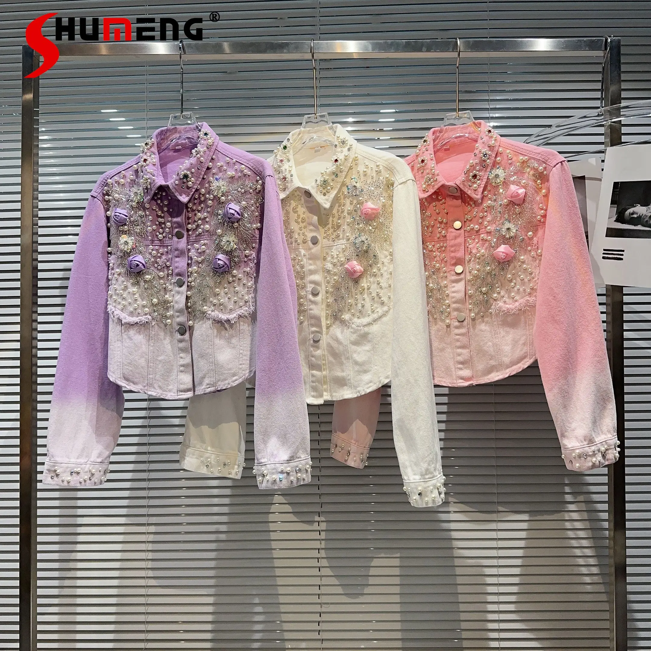 2023-autumn-new-heavy-industry-pearl-embroidery-beads-gradient-color-denim-short-coat-jacket-for-women-lady-street-coats-tops