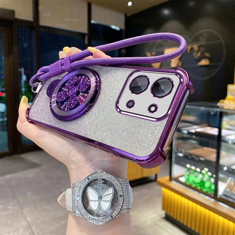 Gradient Glitter Electroplated Phone Case with Hand Strap Holder