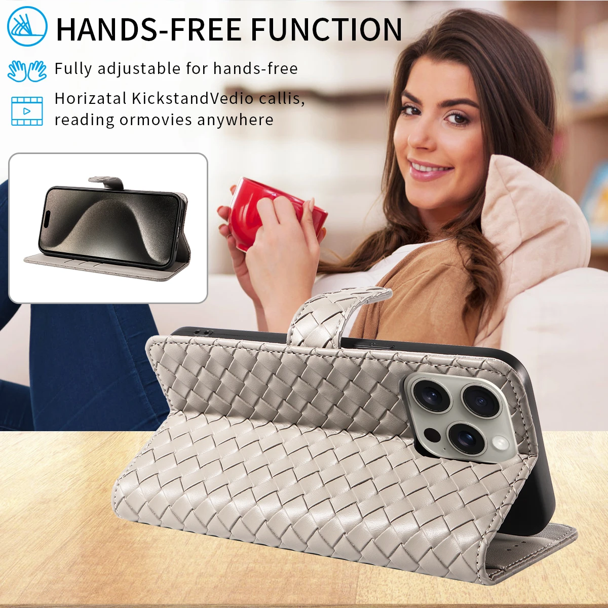 Woven Design PU Leather Shockproof Phone Case with Stand Cover