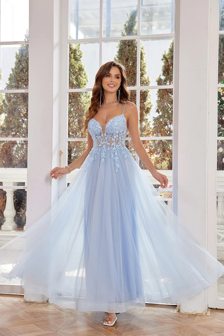 Elegant Spaghetti Strap Lace Homecoming Dress Long A-Line Tulle Formal Gown,HD1208