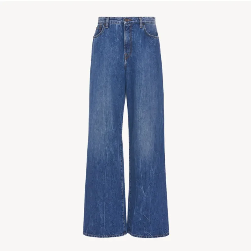 R0W Women's Jeans Spring and Autumn New Wash Blue Retro Loose Casual Pants Straight Barrel High Waist Wide Leg Pants