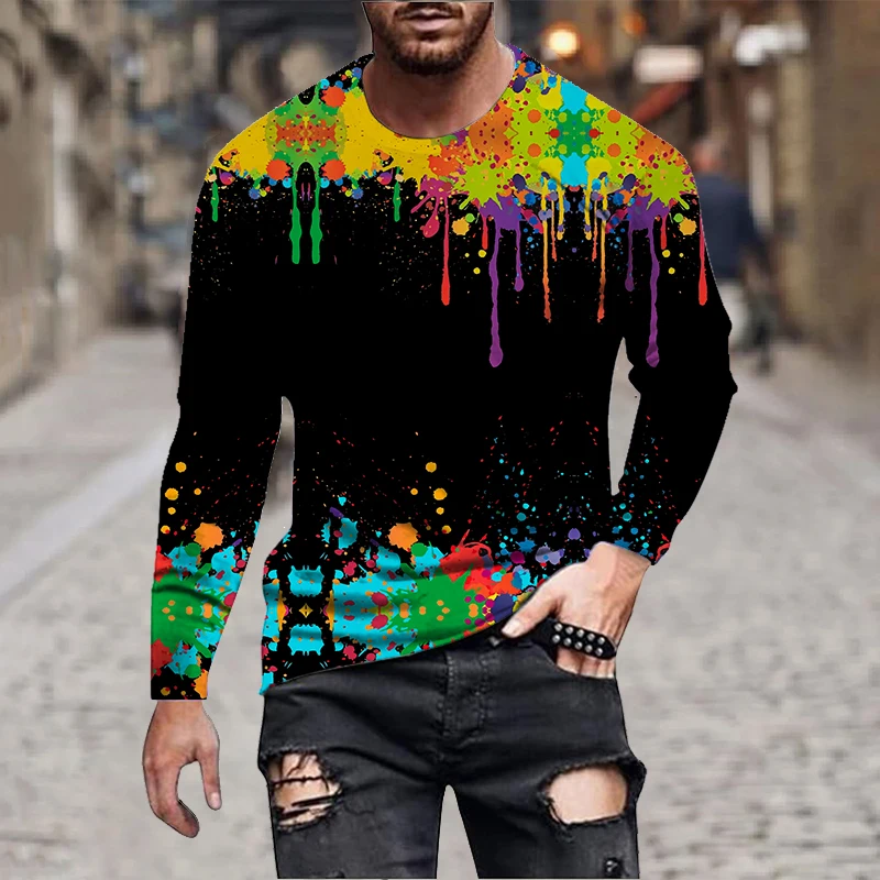 Mens Long Sleeve Tie Dye T Shirt Casual Streetwear