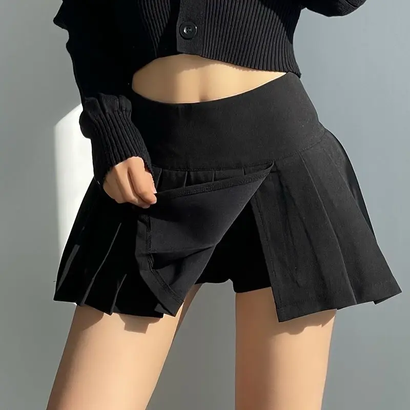 Lucyever Pleated Skirts Women Sexy Slim Side Split Anti-Glare Mini Skirt Female All-Match Solid Color High Waist A Line Skirt