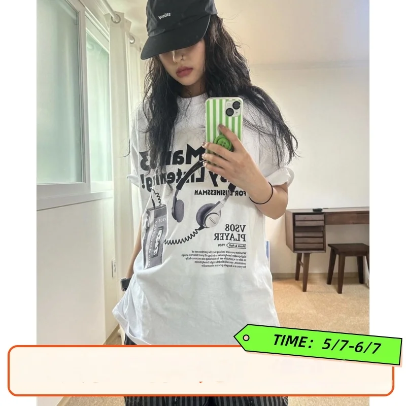 이모 팬 그는 [이름없는 핵 자기] 한국 시리즈 틈새 헤드셋 프린트 티셔츠 남성과 여성의 동일한 무거운 순면 반팔 