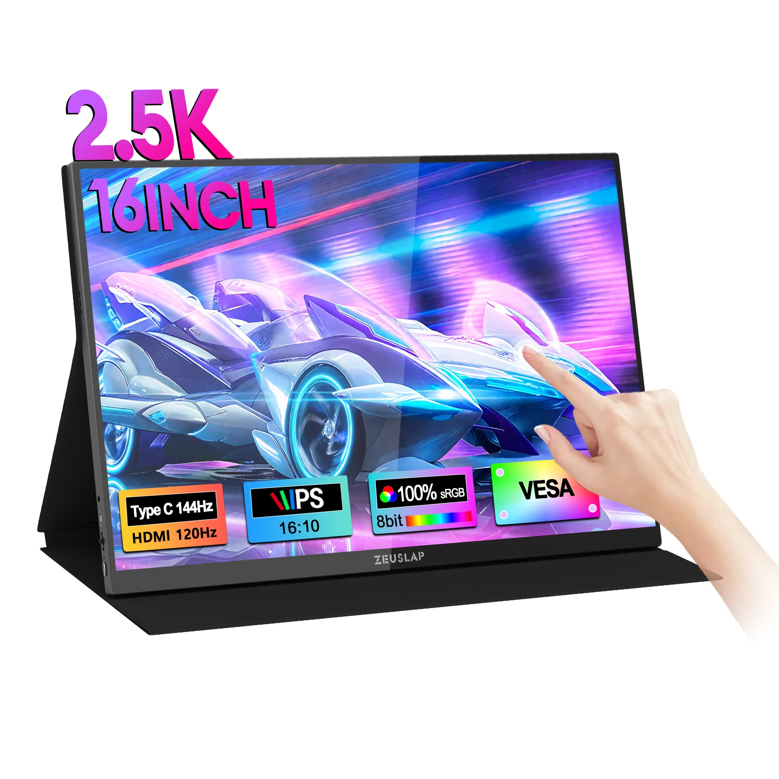 ZEUSLAP 16" 2.5K 144hz 터치 스크린 휴대용 모니터 2560*1600 100%sRGB 500Cd/m² 노트북 컴퓨터용 여행용 디스플레이