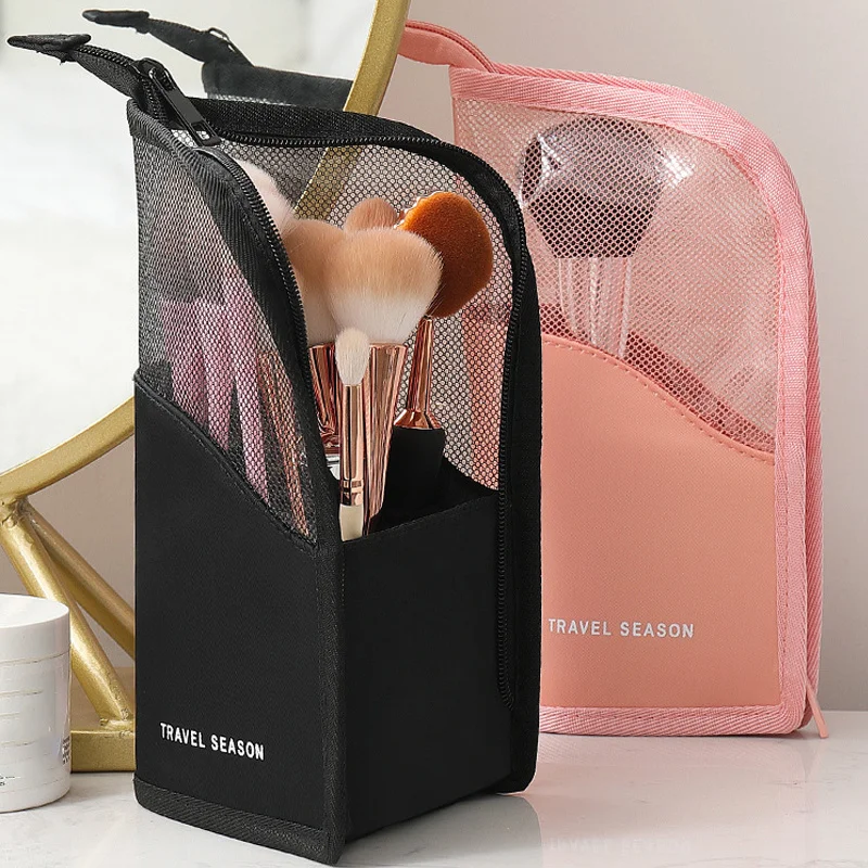 

Portable Women Makeup Brush Bag Zipper Clear Stand Cosmetic Bag Travel Makeup Brush Holder Organizer Toiletry Bag Organizer Bag