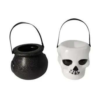 1Pcs New Black or White Plastic Candy Jar Skull Witch Candy Kettle Halloween Party Hanging Props Decor