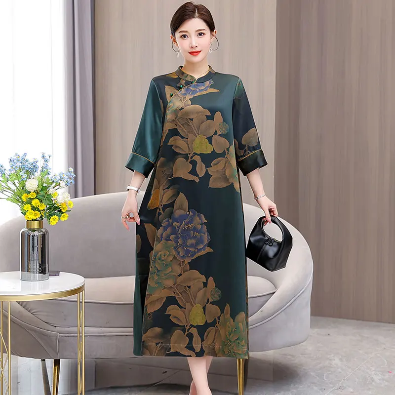 

Vintage printing improved cheongsam real silk mulberry silk long skirt high-end dress women's spring and summer new models