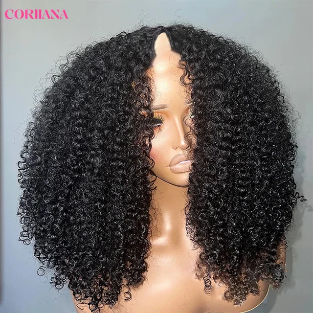 Perruque V-Part 250% Kinky Curly en Cheveux Humains, Sans Tissage apparent, Améliorée, Ondulations Profondes, Perruque Demi-Tête Sans Colle à Clipser pour Femmes 1