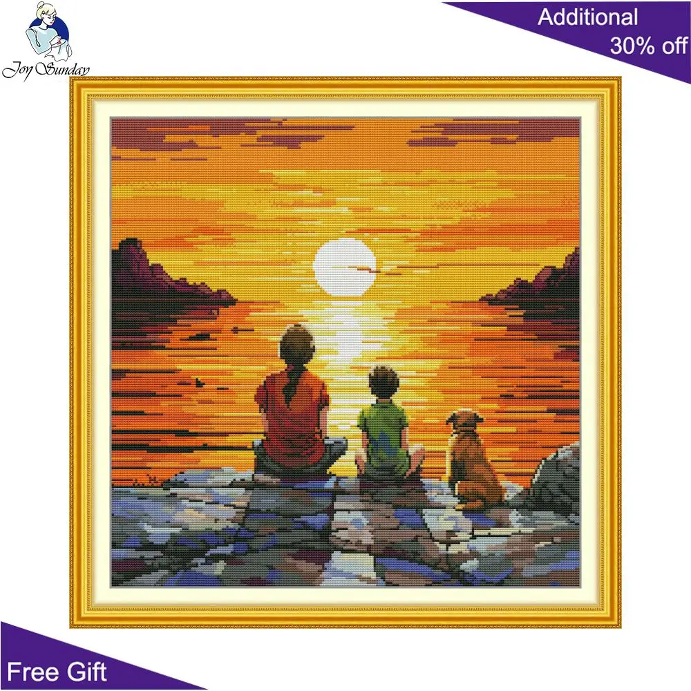 Joy Sunday Seaside Sunrise Da951 Boy Girl Dog Watching The Sunrise On The Sea Home Decor Needle Arts & Craft Kit Punto Croce
