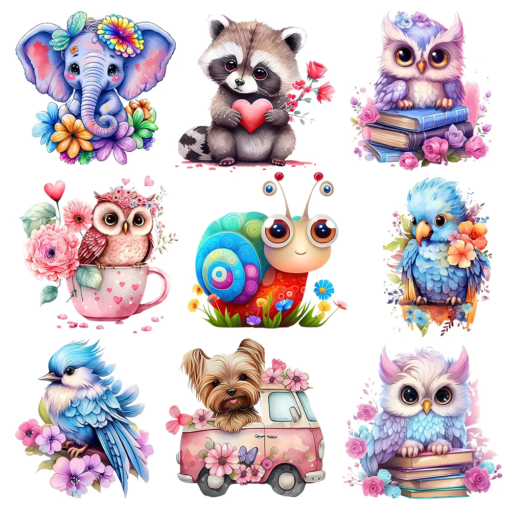Iron on patches Colorful Animal Owl Elephant Heat Transfer T-Shirt DIY Heat-Adhesive Clothing Patches Baby Stickers