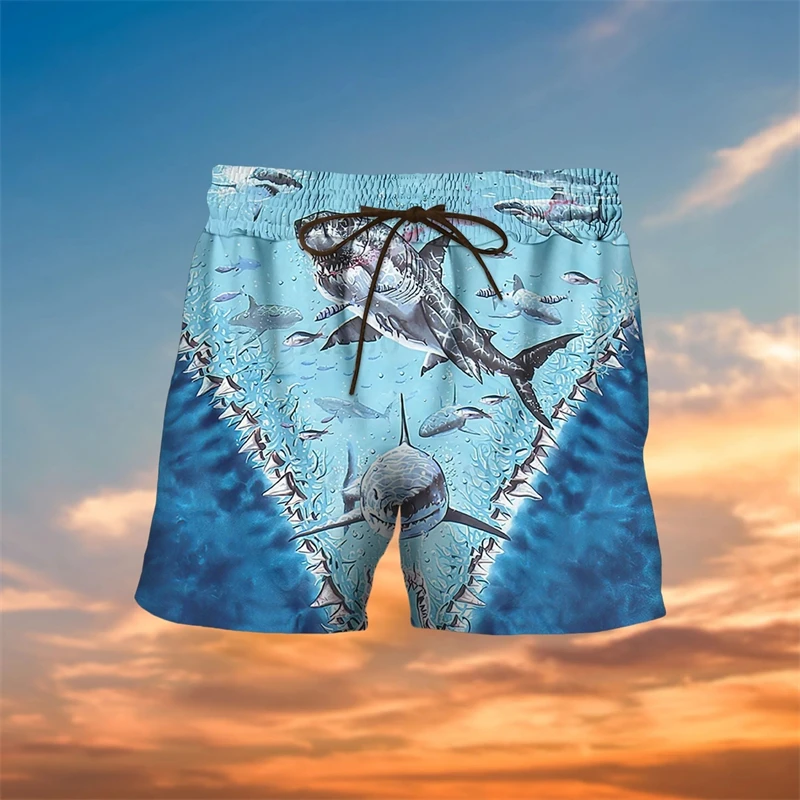 Shark Graphic Beach Shorts Mens 3D Printed Surfing Board Shorts