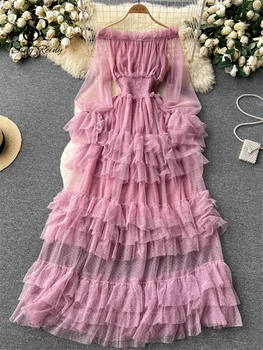 SINGREINY High Street Fashion Cake Mesh Party Dress Women Off the Shoulder Tierred Elastic Sundress Polka Dot Lace Maxi Dress 1