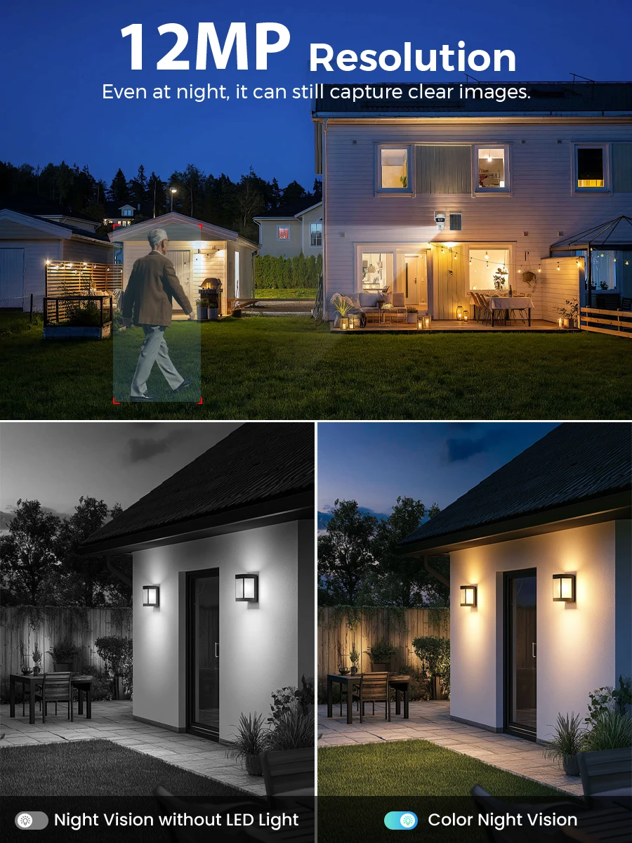 12MP 6K Three Screens PTZ Wifi Solar Security Camera Outdoor Wireless Surveillance Camera PIR Human Detection Built-in Battery 4