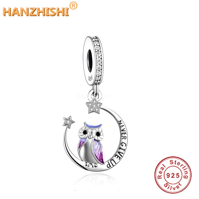 

Authentic New 925 Sterling Silver Never GIVE UP Owl Dangle Charms Fit Original brand Bracelet Necklace Jewelry Women Berloque