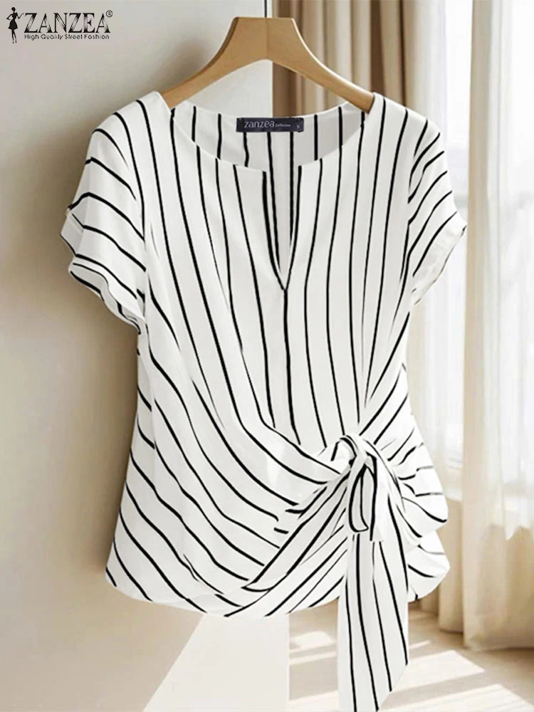 Fashion Stripe Blouse 2025 ZANZEA Summer Women V Neck Short Sleeve Tops Elegant Work OL Shirt Casual Loose Blusas Female Chemise 1