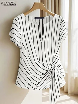 Fashion Stripe Blouse 2025 ZANZEA Summer Women V Neck Short Sleeve Tops Elegant Work OL Shirt Casual Loose Blusas Female Chemise 1