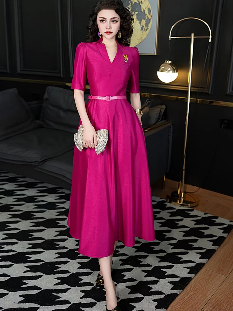 

Runway Ladies Summer High Quality Fashion Party Rose Red Green Casual Chic Celebrity Pretty Belt V Neck Short Sleeve Midi Dress