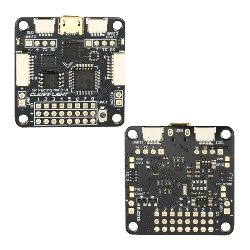 Carte SP Racing F3 Acro Version installée dans un châssis de drone, prête pour le câblage.