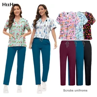 Women Medical Hospital Doctor Scrubs Cartoon Printed Nurses Uniform Scrub Sets Uniforms Straight Pants Scrubs Nurses Accessories
