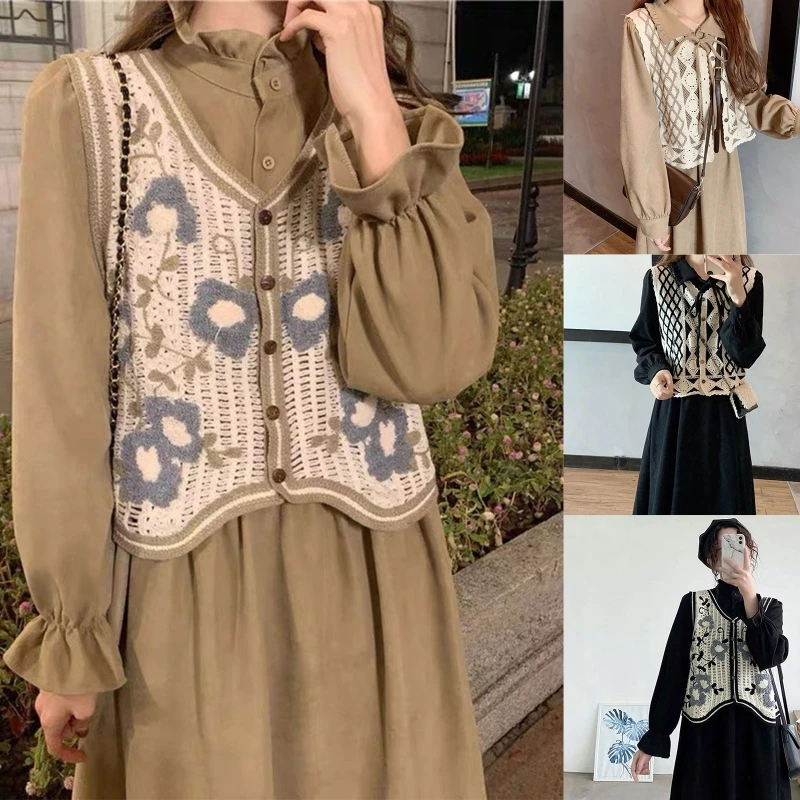 

Women Crochet Sweater Vest Sleeveless V-Neck Button Down Cardigan Preppy Hollow Out Knit Diamond Plaid Waistcoat