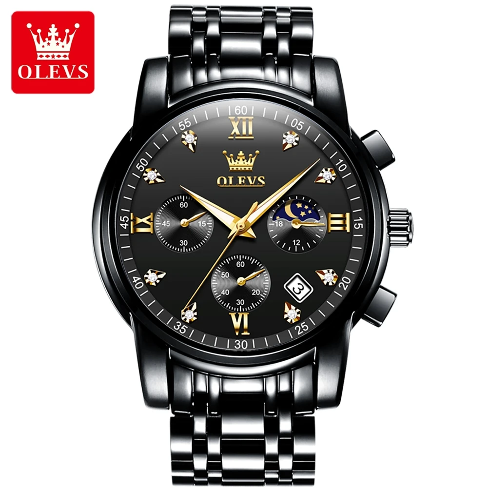 OLEVS Luxury Men's Quartz Chronograph Watch - Stainless Steel, Waterproof, Luminous, with Auto Date & Moon Phase