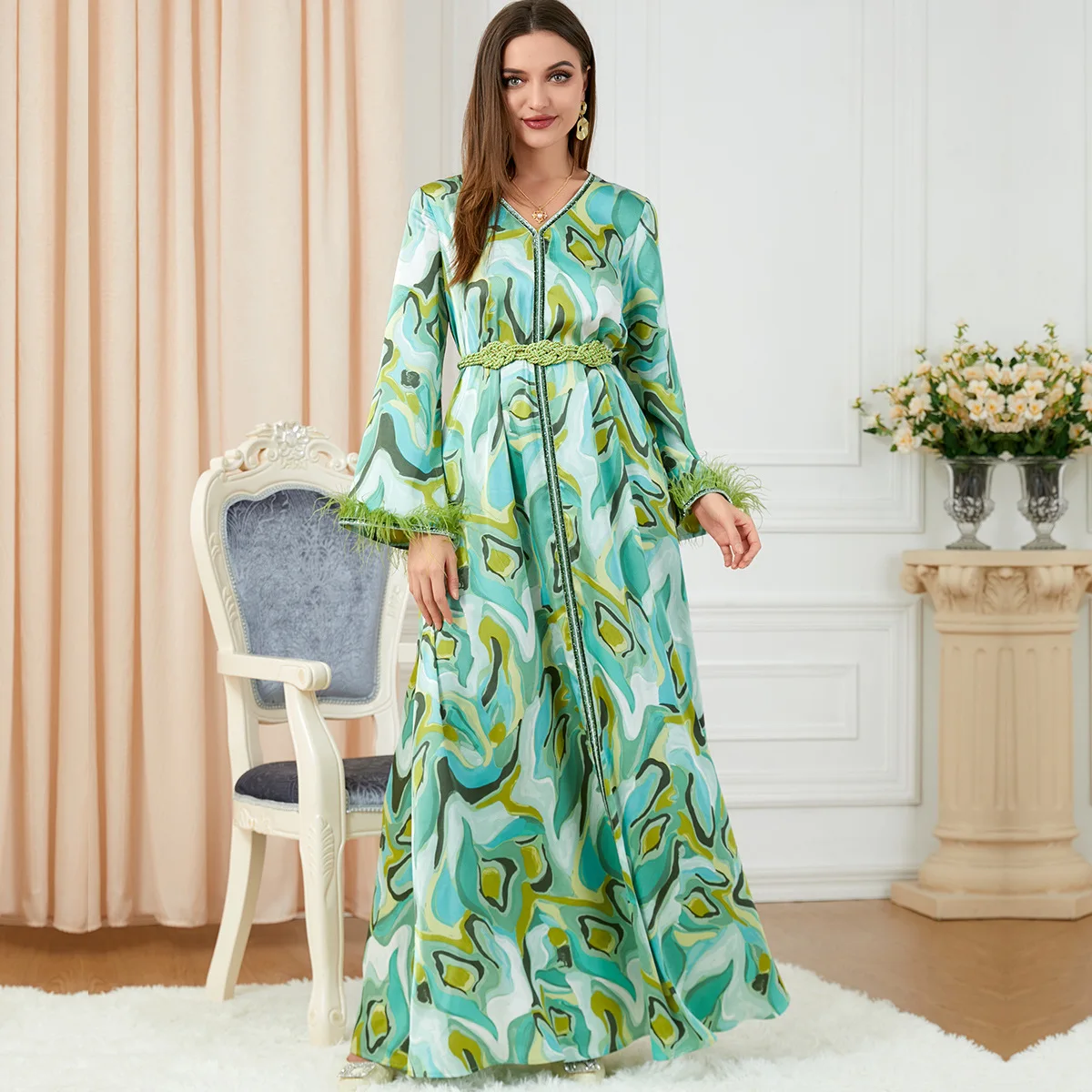 

Рамадан перо цветочный принт Abayas женское мусульманское Макси платье марокканский перо джалабия Исламская одежда искусственная кафтан ИД платье