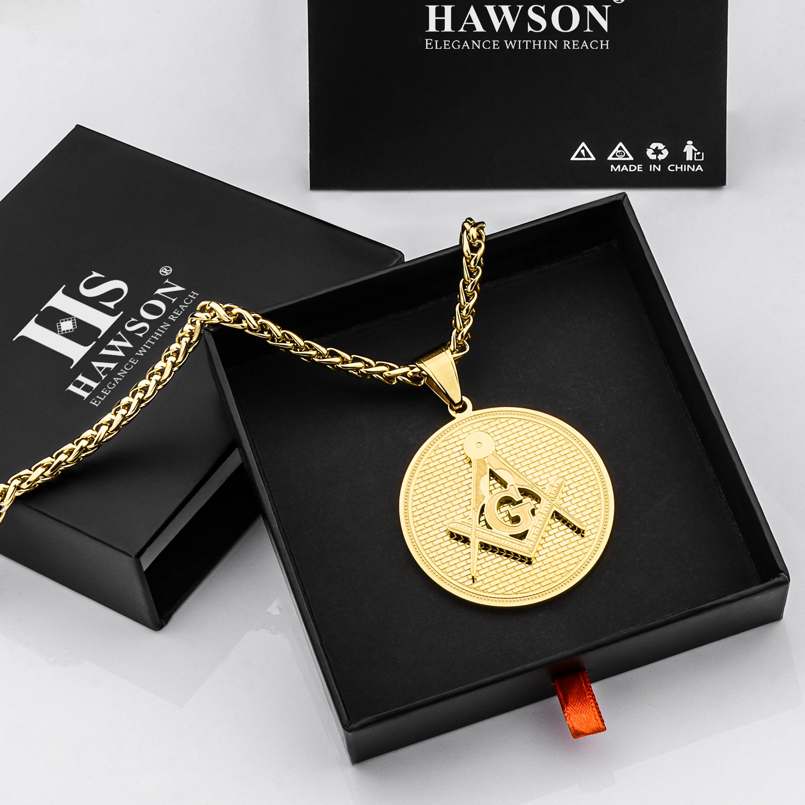 14k Yellow Gold Freemason Pendant - Custom Engraved Compass & Square Charm With Name - View #2