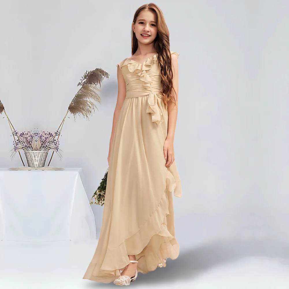 

A-line V-Neck Asymmetrical Chiffon Junior Bridesmaid Dress With Cascading Ruffles Champagne Flower Girl Dress for Wedding Teens