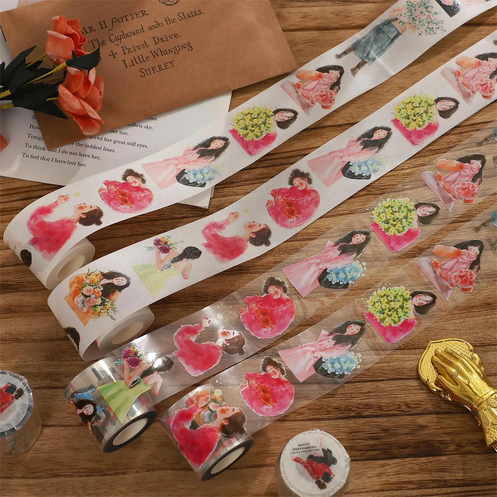 

5cm*10m Kawaii 142 Girl Characters PET Tapewhite Ink Special Oil Washi Paper Creative DIY Collage Decor Stationary