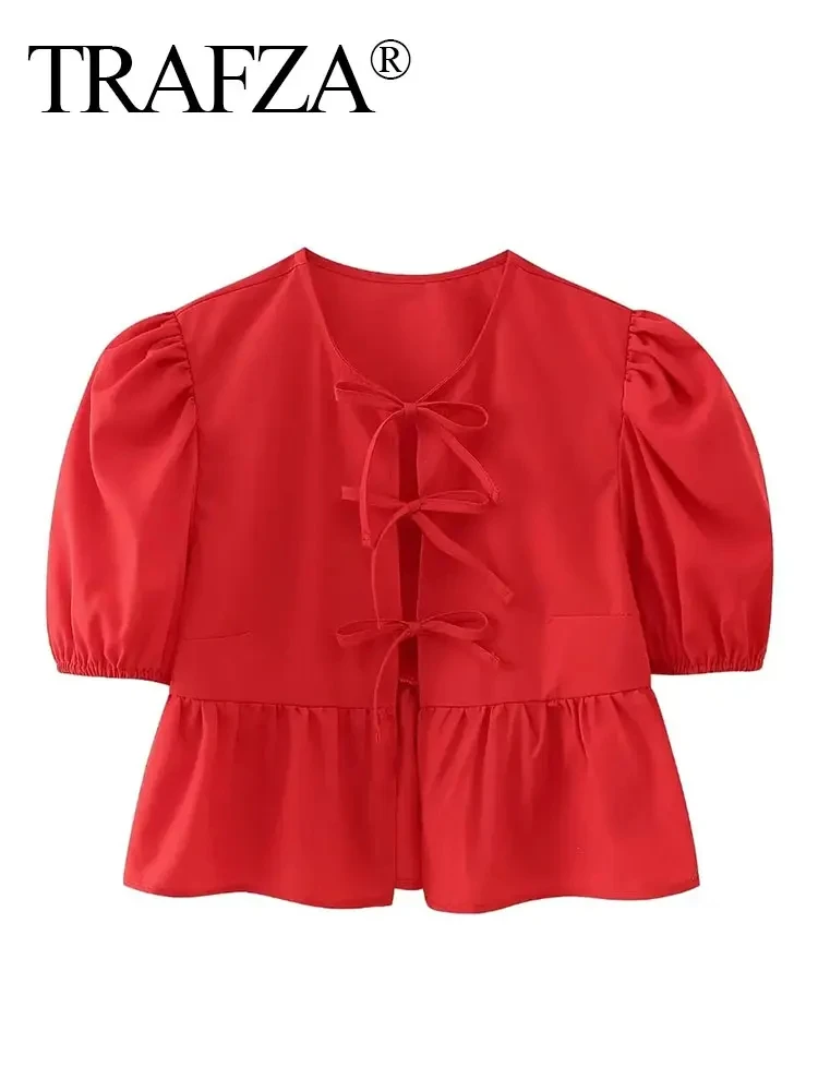 TRAFZA Women Fashion Slim Puff Sleeve Shirt Elegant Lace Up O Neck Cropped Tops 2024 Spring Summer Female Chic Ruffle Blouse