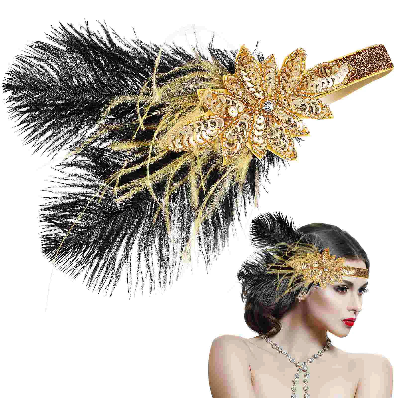 Flapper Headband Headdress Vintage Plume Headpiece Party Wedding Roaring 20s Costume Hair Band for Women Hair Accessories