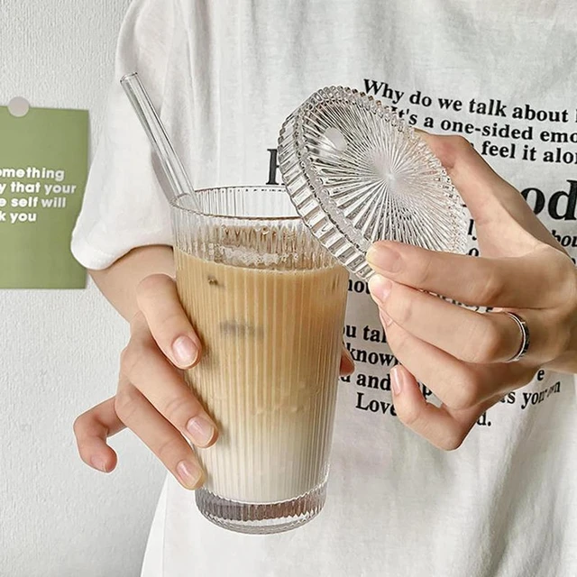 Ribbed Glassware Glass Coffee Cups With Lids And Straw Portable 375ml Iced  Coffee Glass Drinking Cups For Coffee Coocktail Tea