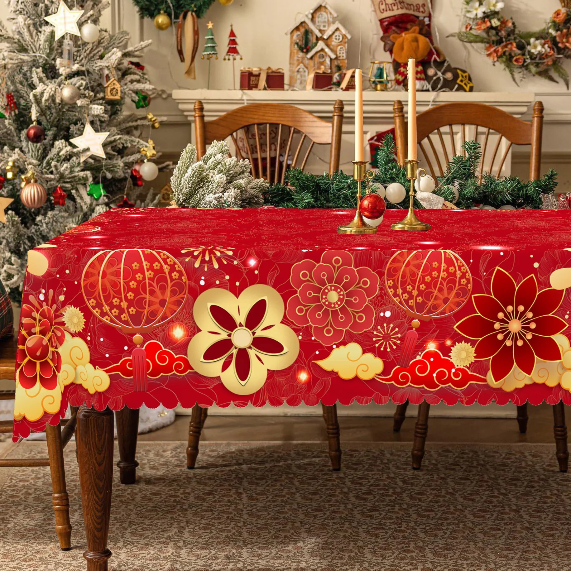 Chinese Spring Festival Red Round Tablecloth 1 Piece 5 Sizes Available Chinese Valentine's Day Red Printed Square Tablecloth Edge Embossing Process Spring Festival Kitchen Tablecloth Decoration Tablecloth for Home Kitchen during Festival Terrace Wedding Decoration Gift table cloth rectangular tablecloth