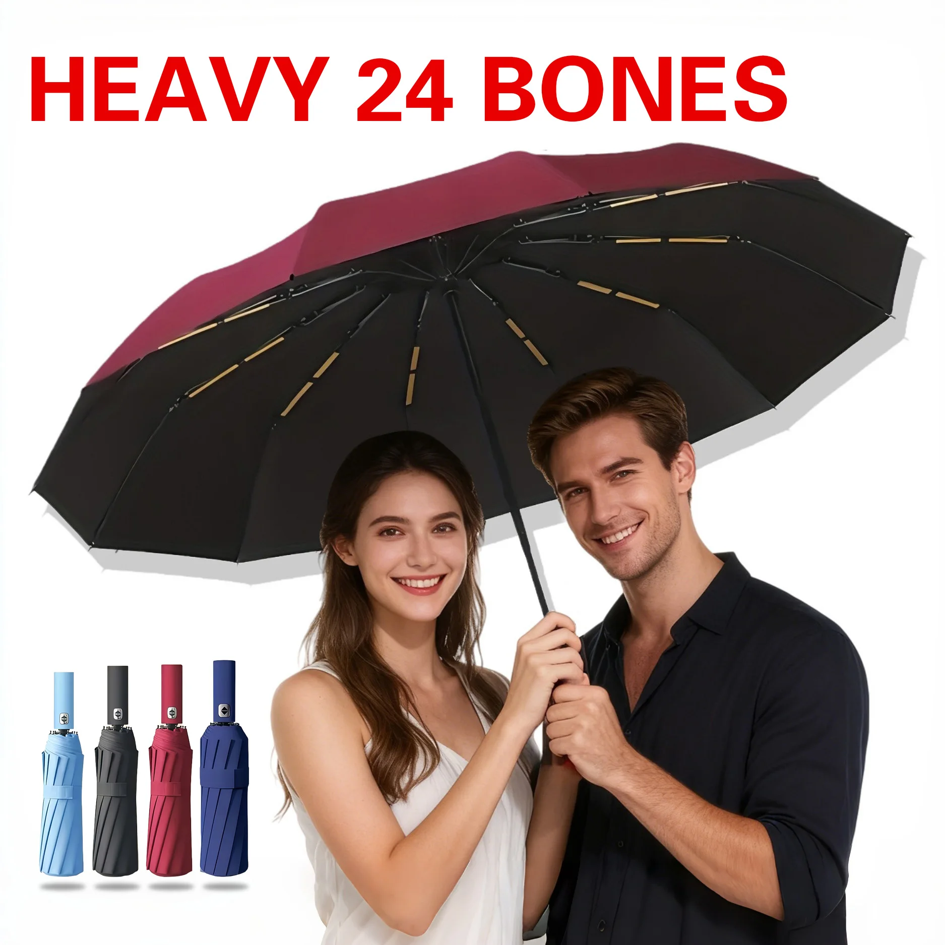 Automatic Folding Umbrella Double-Sided 24 Rib Windproof-Heavy Duty Compact Travel Umbrella for Men & Women, All-Weather Use