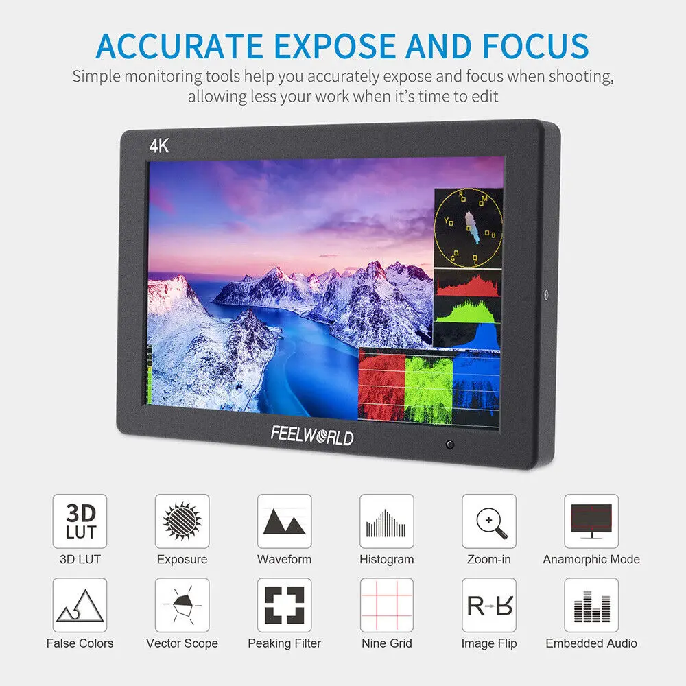 Feelworld T7 Plus 7-inch 4K HDMI Camera On-site Monitor 3D LUT IPS 1920x1200 Suitable For Digital SLR Cameras Waveform Vector